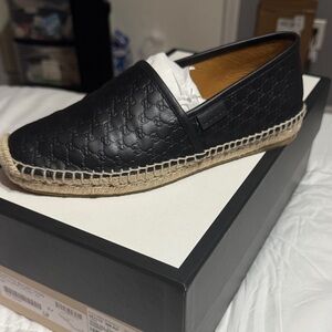 Gucci Black Leather Espadrille Slip-Ons